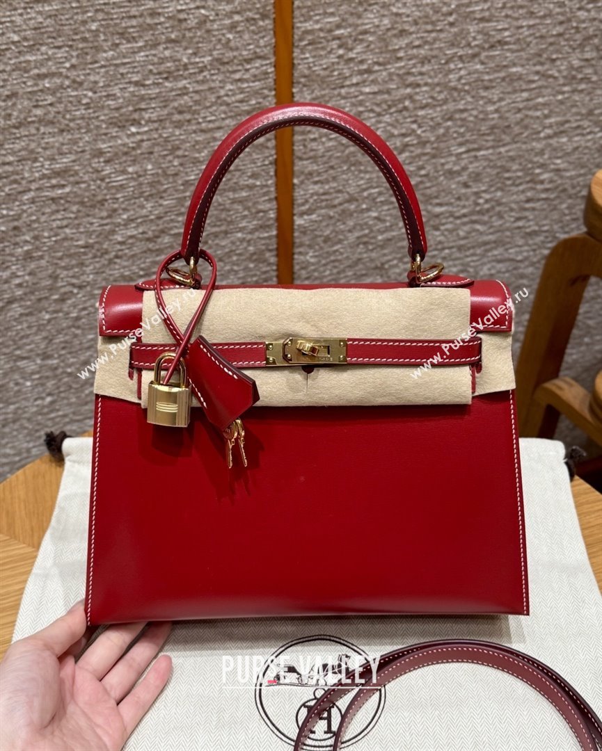 Hermes Kelly 25 Bag in Box Leather 5X Rouge Piment/Gold 2025(Handmade) (XX-25122615)