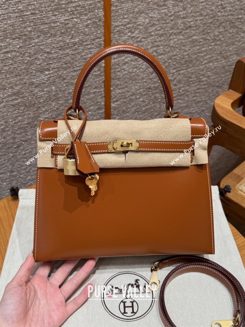 Hermes Kelly 25 Bag in Box Leather Brown/Gold 2025(Handmade) (XX-25122617)