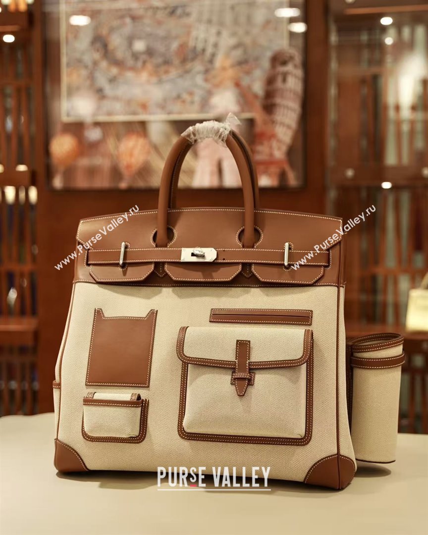 Hermes HAC CARGO HAUT A COURROIES 40 Bag in Canvas Swift Leather Brown 2025(Handmade) (XX-25122601)