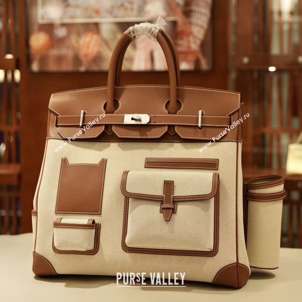 Hermes HAC CARGO HAUT A COURROIES 40 Bag in Canvas Swift Leather Brown 2025(Handmade) (XX-25122601)