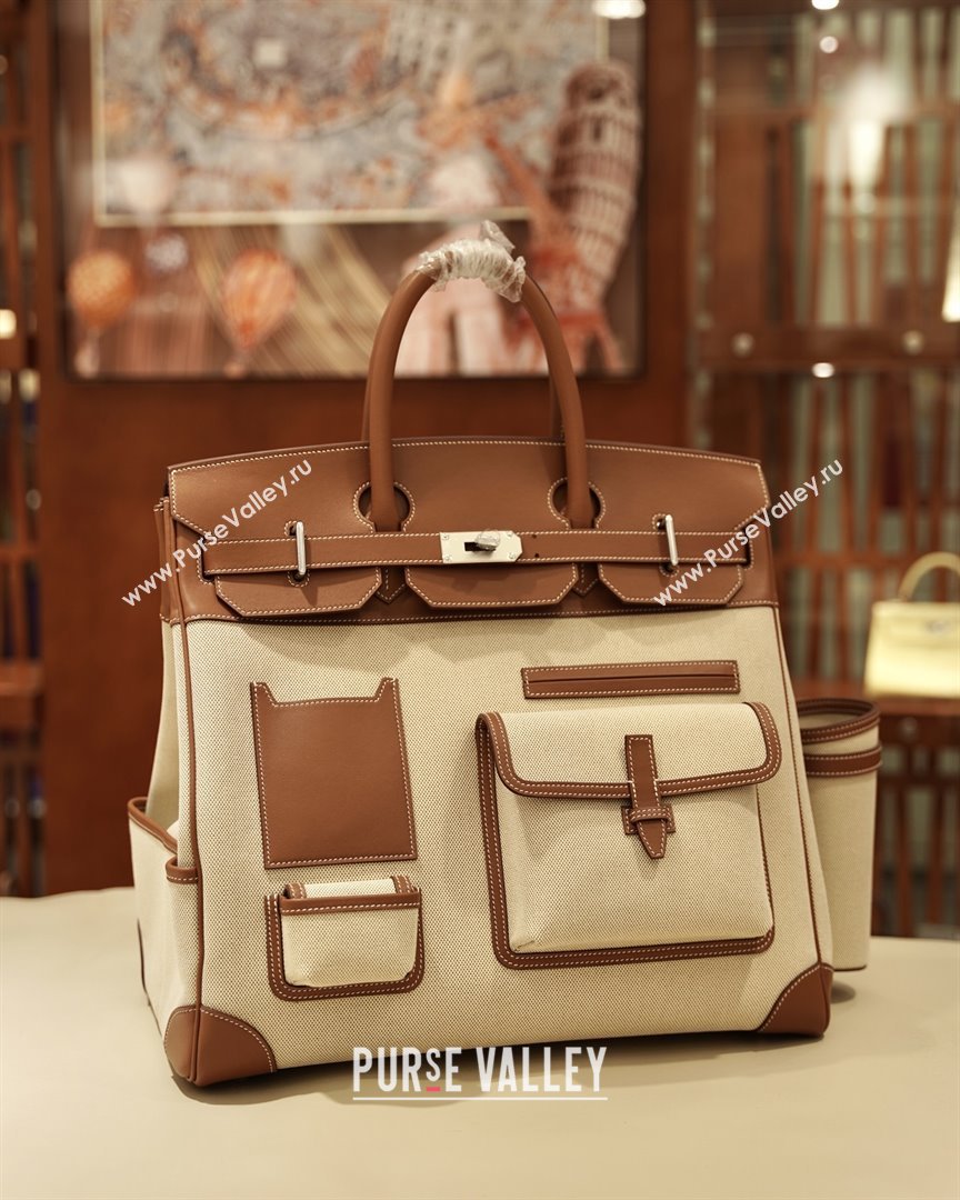 Hermes HAC CARGO HAUT A COURROIES 40 Bag in Canvas Swift Leather Brown 2025(Handmade) (XX-25122601)
