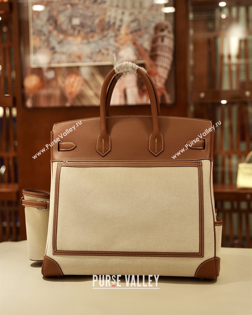 Hermes HAC CARGO HAUT A COURROIES 40 Bag in Canvas Swift Leather Brown 2025(Handmade) (XX-25122601)