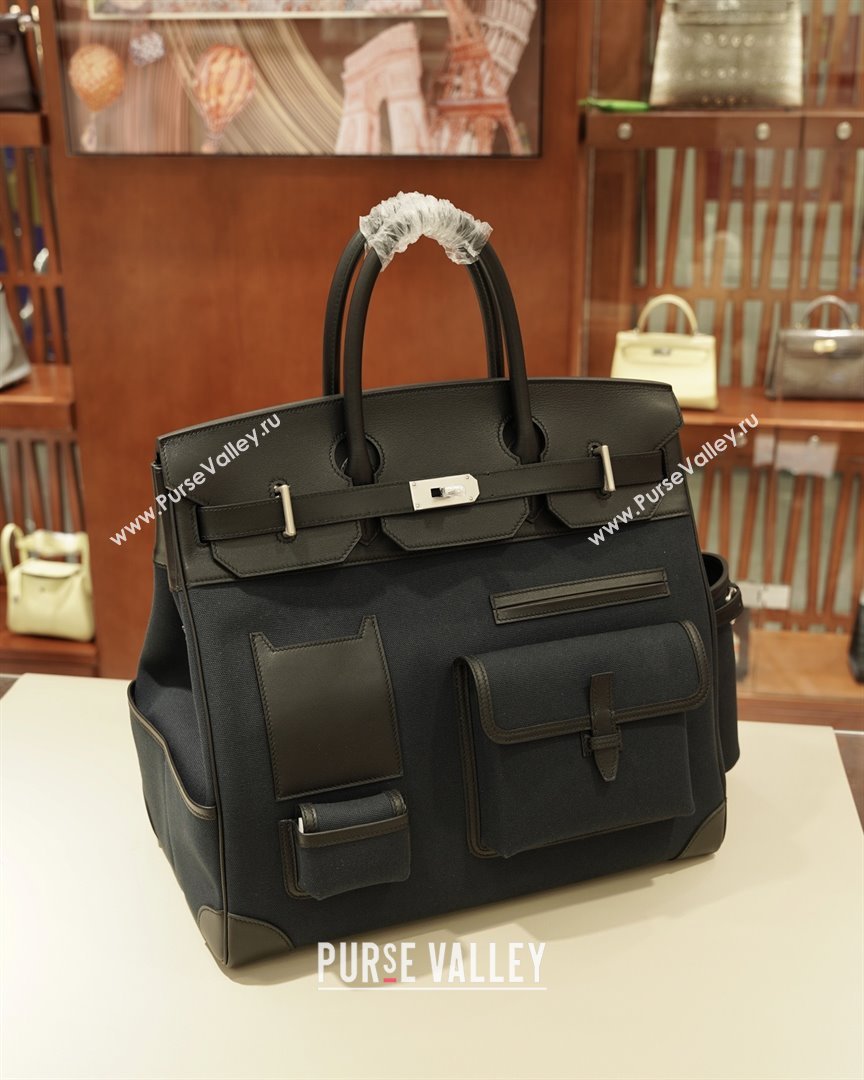 Hermes HAC CARGO HAUT A COURROIES 40 Bag in Canvas Swift Leather Black 2025(Handmade) (XX-25122602)