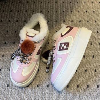 Fendi Match Low Top Platform Shoes in White Leather Shearling with Charm Pink 2025 (MGN-25122909)