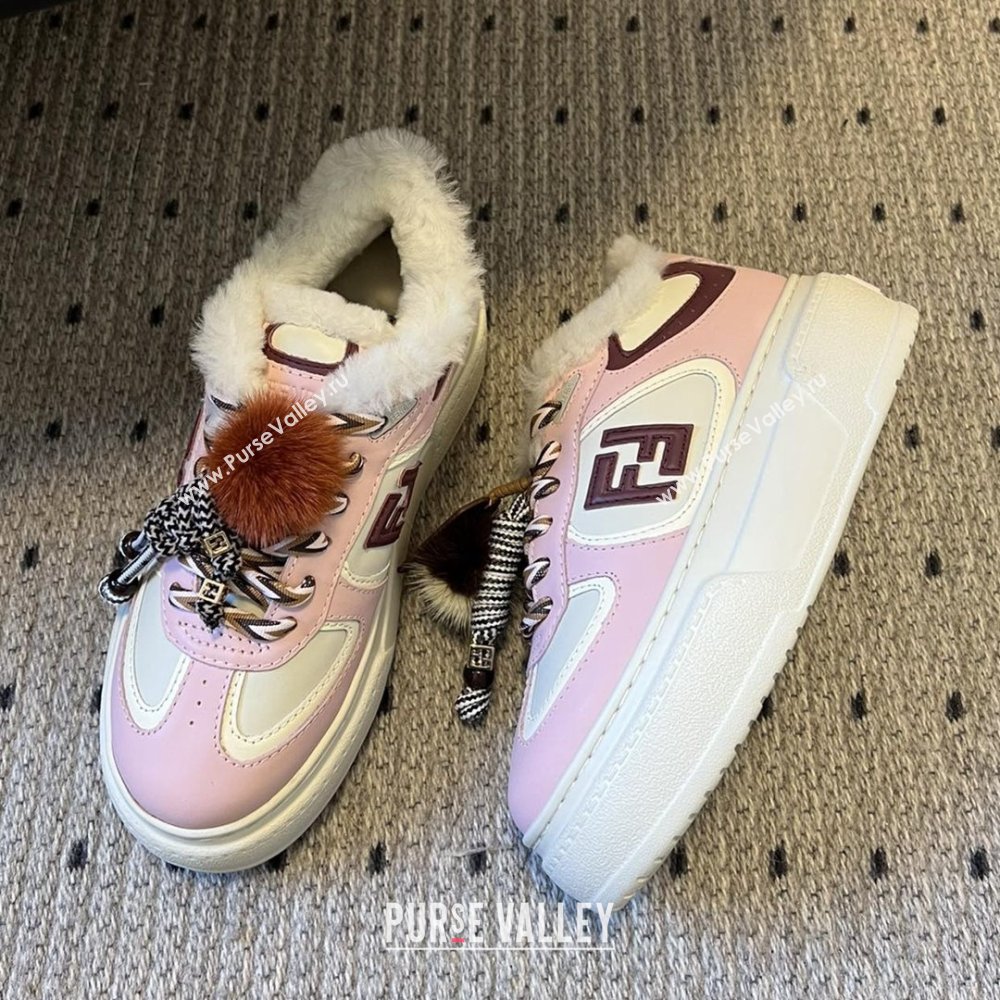 Fendi Match Low Top Platform Shoes in White Leather  Shearling with Charm Pink 2025 (MGN-25122909)