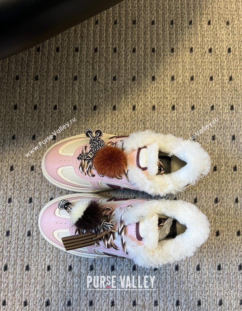 Fendi Match Low Top Platform Shoes in White Leather  Shearling with Charm Pink 2025 (MGN-25122909)