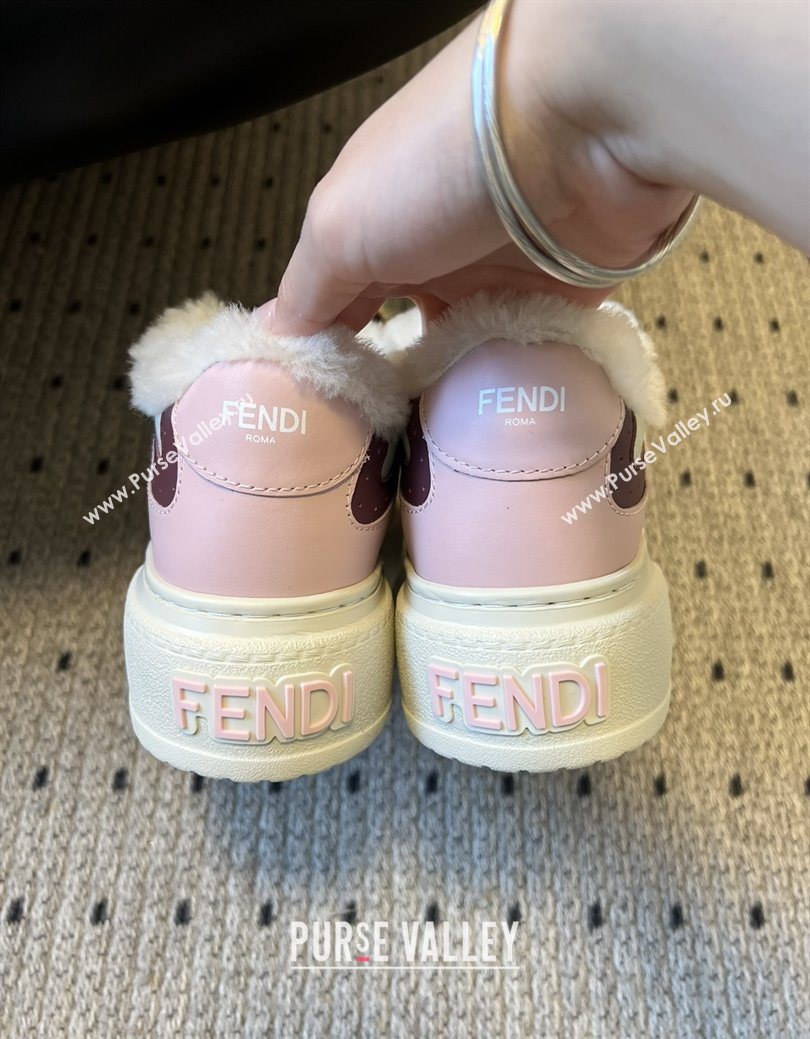 Fendi Match Low Top Platform Shoes in White Leather  Shearling with Charm Pink 2025 (MGN-25122909)