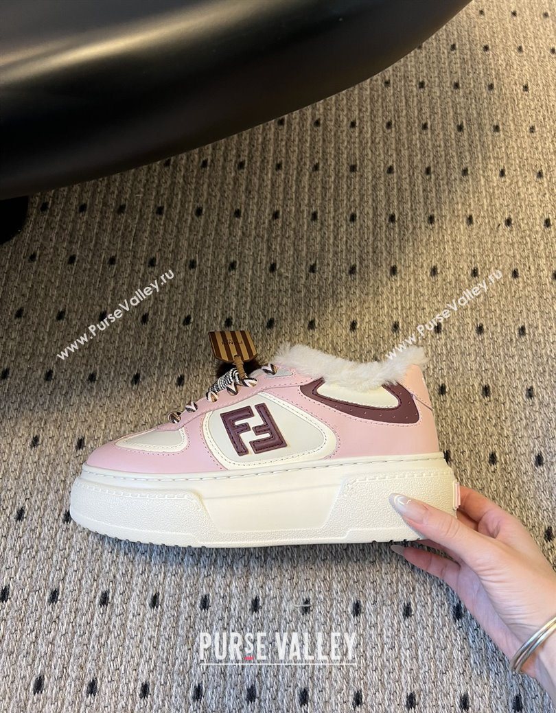 Fendi Match Low Top Platform Shoes in White Leather  Shearling with Charm Pink 2025 (MGN-25122909)