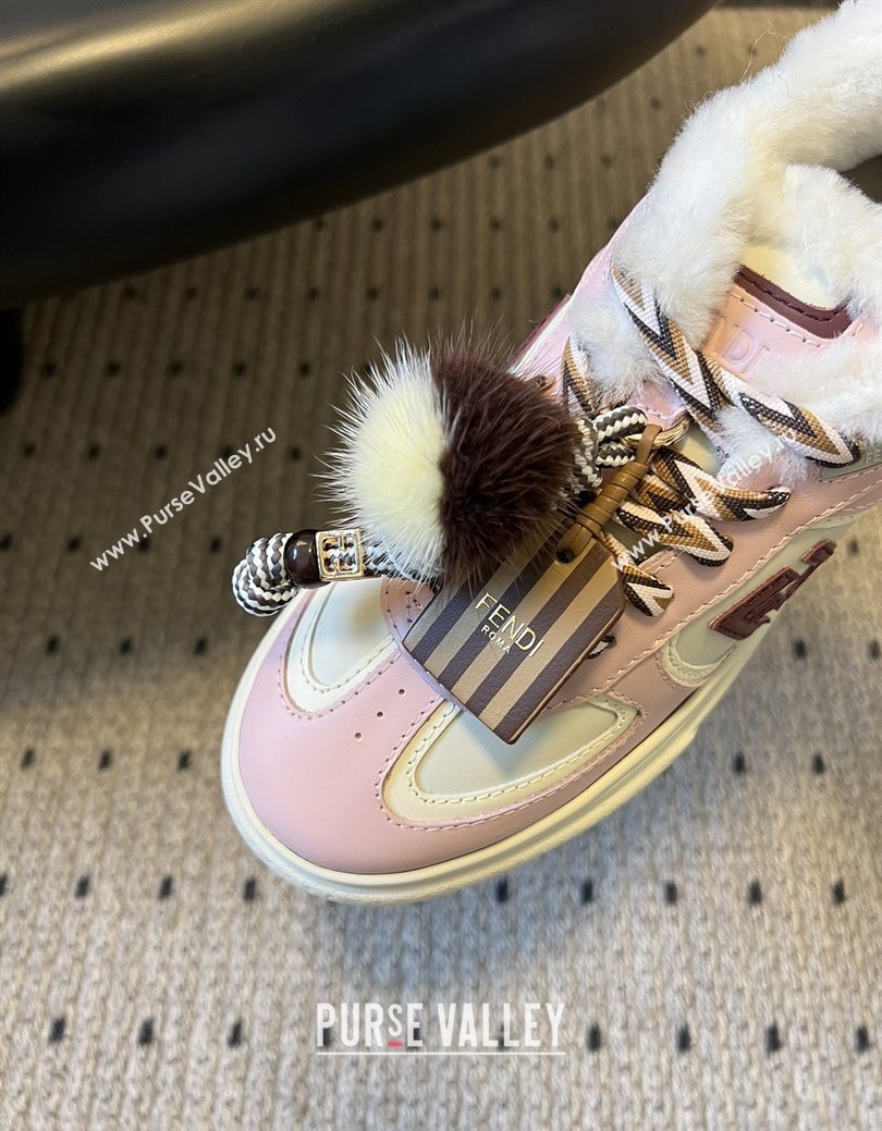 Fendi Match Low Top Platform Shoes in White Leather  Shearling with Charm Pink 2025 (MGN-25122909)