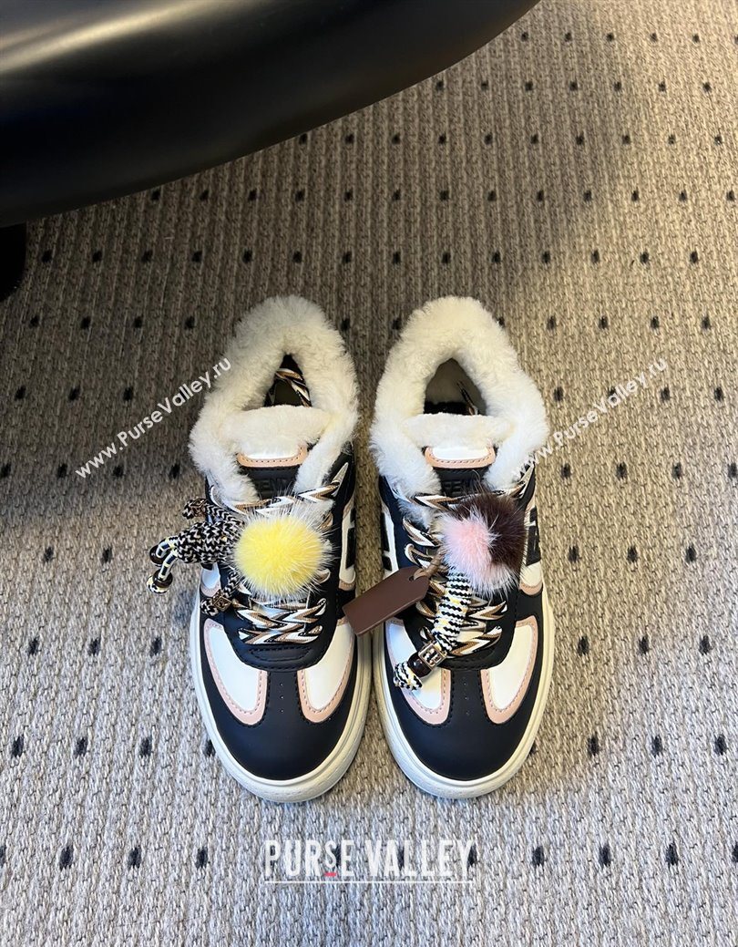 Fendi Match Low Top Platform Shoes in White Leather  Shearling with Charm Black 2025 (MGN-25122910)