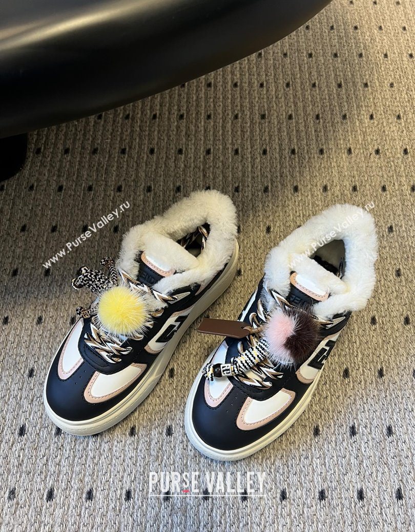 Fendi Match Low Top Platform Shoes in White Leather  Shearling with Charm Black 2025 (MGN-25122910)
