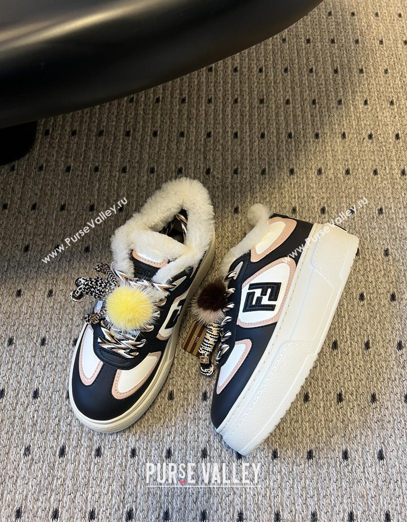 Fendi Match Low Top Platform Shoes in White Leather  Shearling with Charm Black 2025 (MGN-25122910)