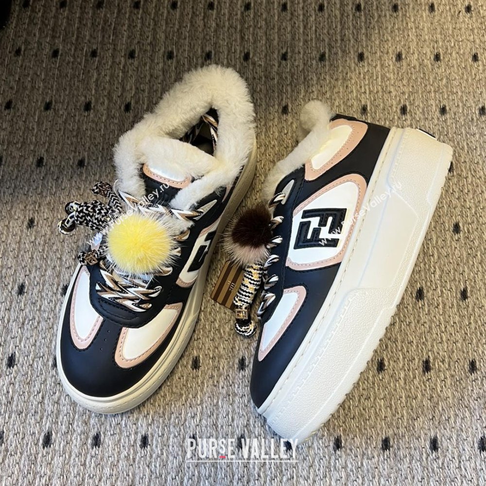 Fendi Match Low Top Platform Shoes in White Leather  Shearling with Charm Black 2025 (MGN-25122910)