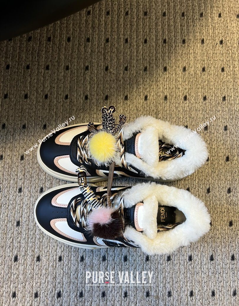 Fendi Match Low Top Platform Shoes in White Leather  Shearling with Charm Black 2025 (MGN-25122910)