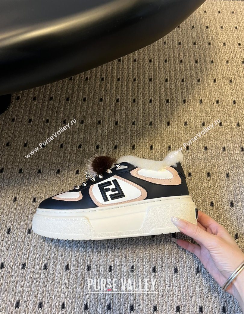 Fendi Match Low Top Platform Shoes in White Leather  Shearling with Charm Black 2025 (MGN-25122910)
