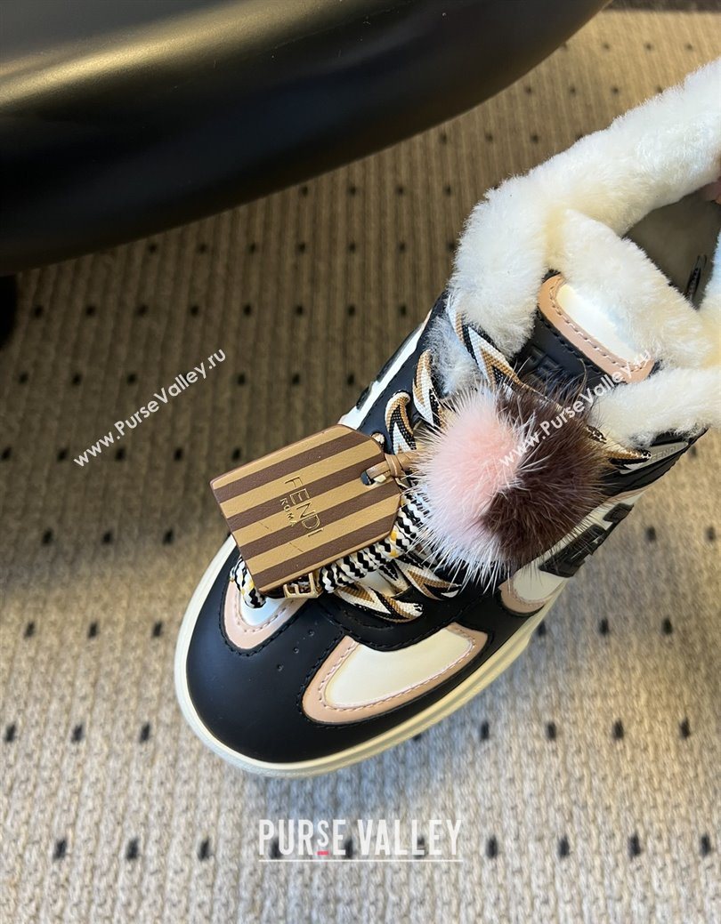 Fendi Match Low Top Platform Shoes in White Leather  Shearling with Charm Black 2025 (MGN-25122910)