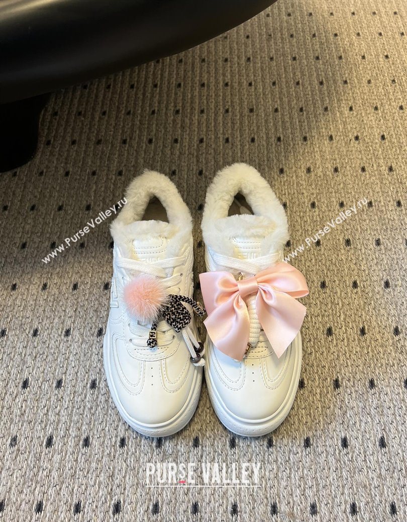 Fendi Match Low Top Platform Shoes in White Leather  Shearling with Charm White 2025 (MGN-25122911)
