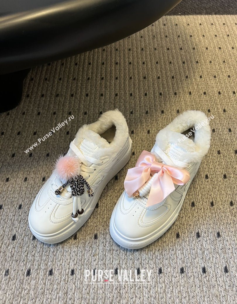 Fendi Match Low Top Platform Shoes in White Leather  Shearling with Charm White 2025 (MGN-25122911)