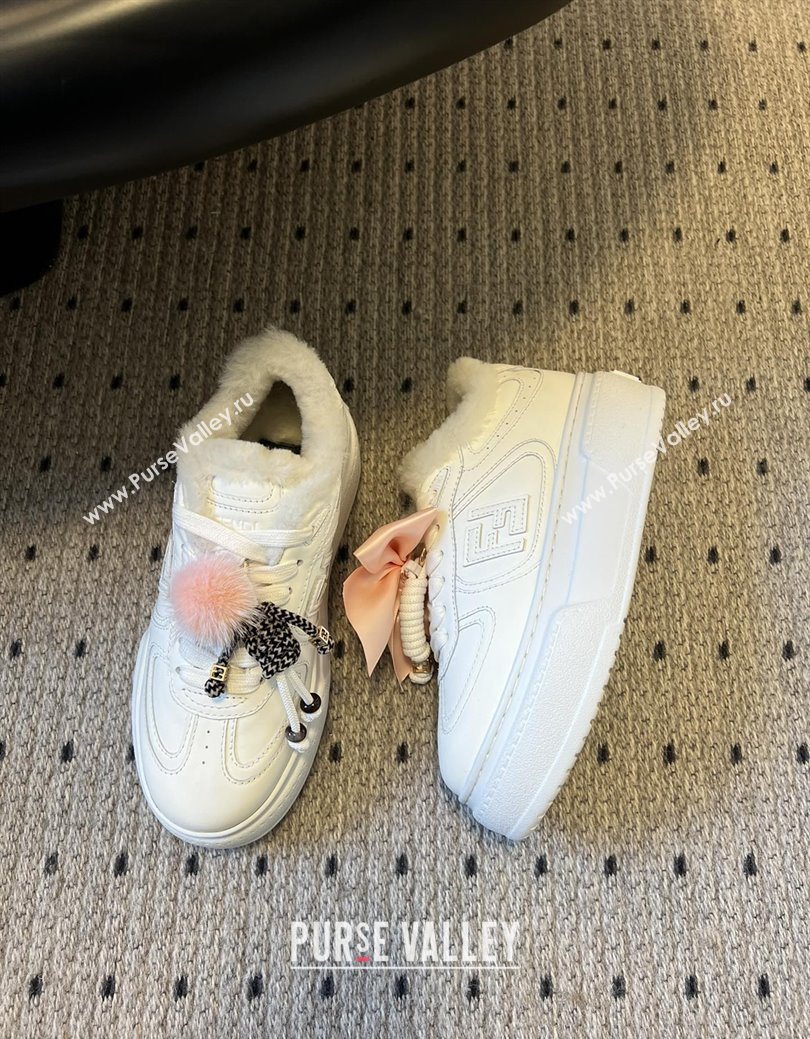 Fendi Match Low Top Platform Shoes in White Leather  Shearling with Charm White 2025 (MGN-25122911)