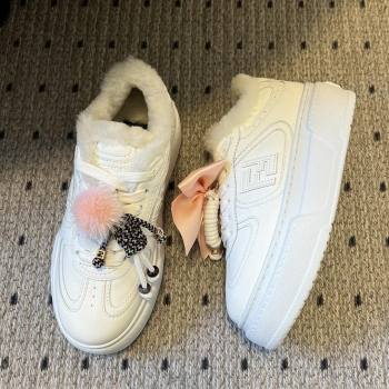 Fendi Match Low Top Platform Shoes in White Leather Shearling with Charm White 2025 (MGN-25122911)