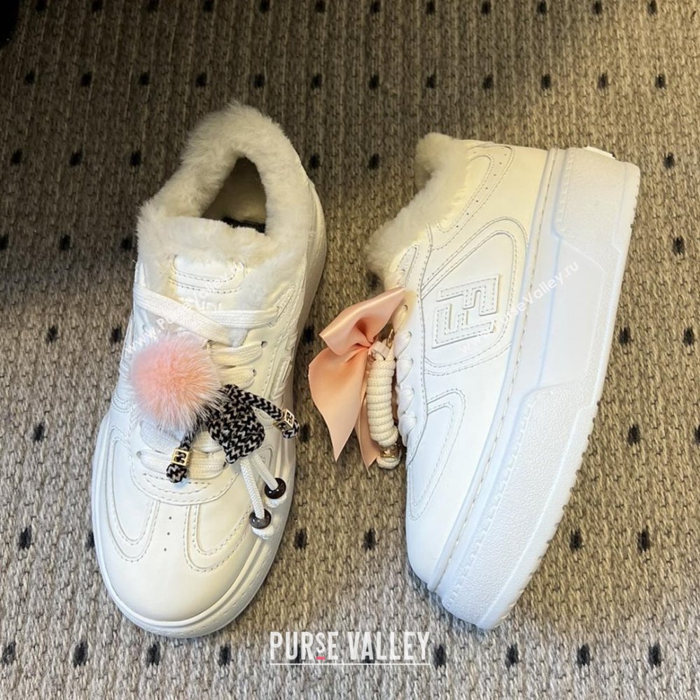 Fendi Match Low Top Platform Shoes in White Leather  Shearling with Charm White 2025 (MGN-25122911)