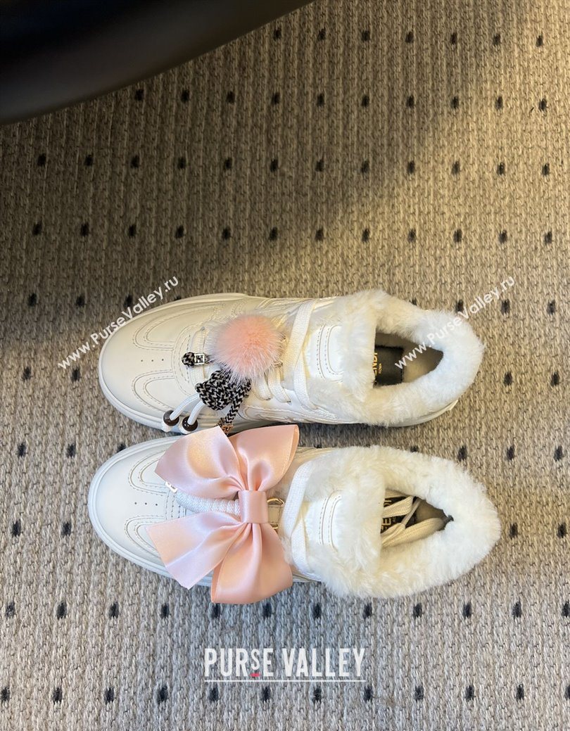 Fendi Match Low Top Platform Shoes in White Leather  Shearling with Charm White 2025 (MGN-25122911)