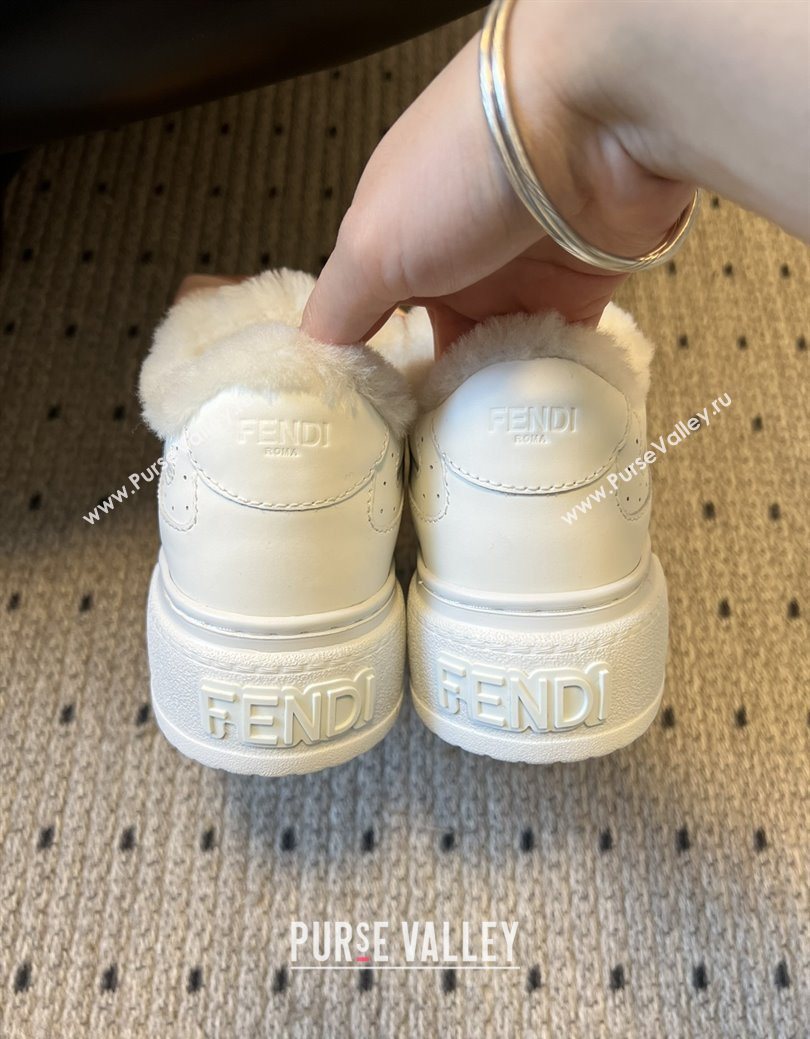 Fendi Match Low Top Platform Shoes in White Leather  Shearling with Charm White 2025 (MGN-25122911)