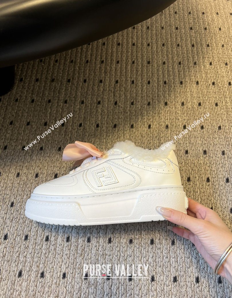 Fendi Match Low Top Platform Shoes in White Leather  Shearling with Charm White 2025 (MGN-25122911)