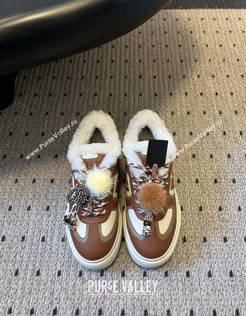 Fendi Match Low Top Platform Shoes in White Leather  Shearling with Charm Brown 2025 (MGN-25122912)