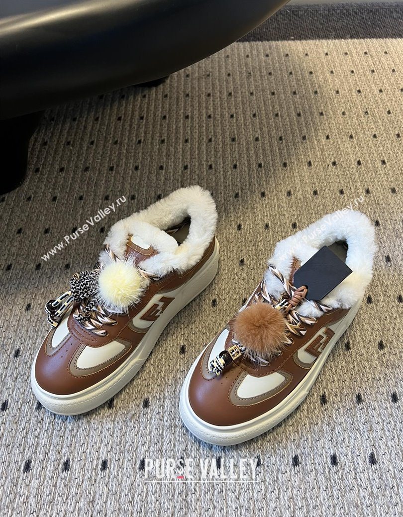 Fendi Match Low Top Platform Shoes in White Leather  Shearling with Charm Brown 2025 (MGN-25122912)