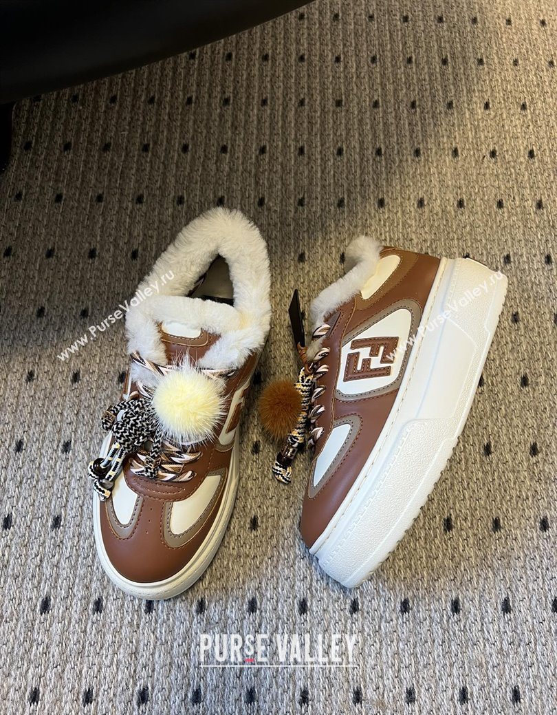 Fendi Match Low Top Platform Shoes in White Leather  Shearling with Charm Brown 2025 (MGN-25122912)