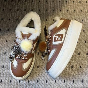 Fendi Match Low Top Platform Shoes in White Leather Shearling with Charm Brown 2025 (MGN-25122912)