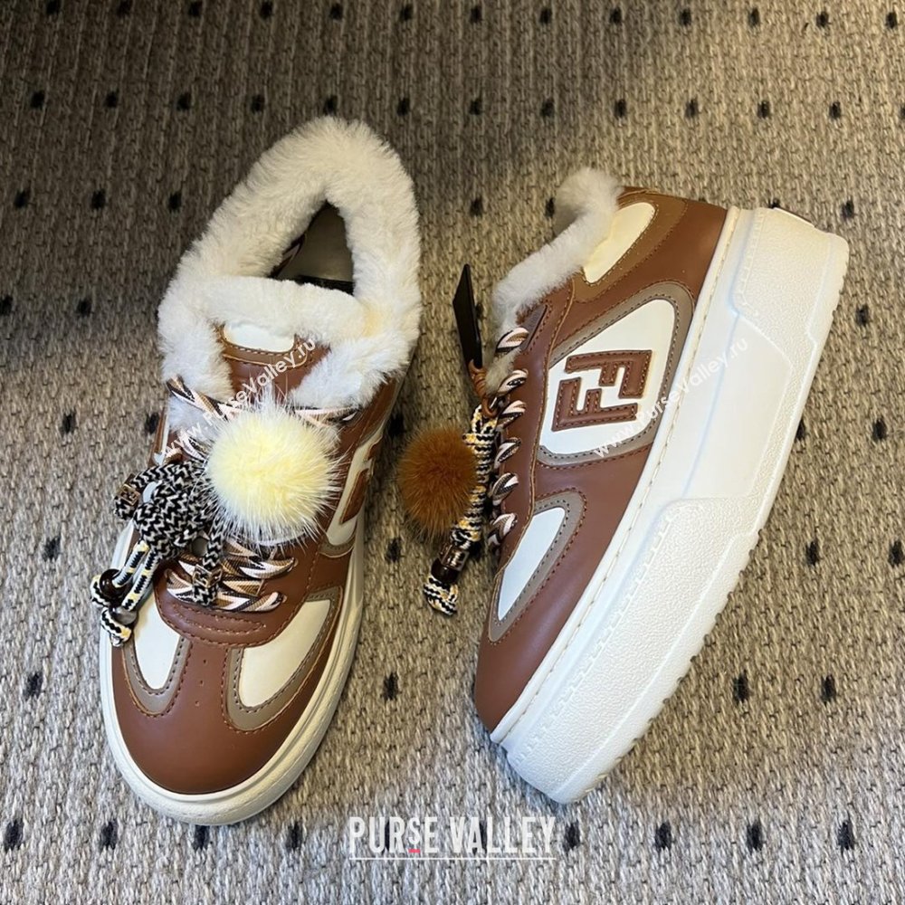 Fendi Match Low Top Platform Shoes in White Leather  Shearling with Charm Brown 2025 (MGN-25122912)