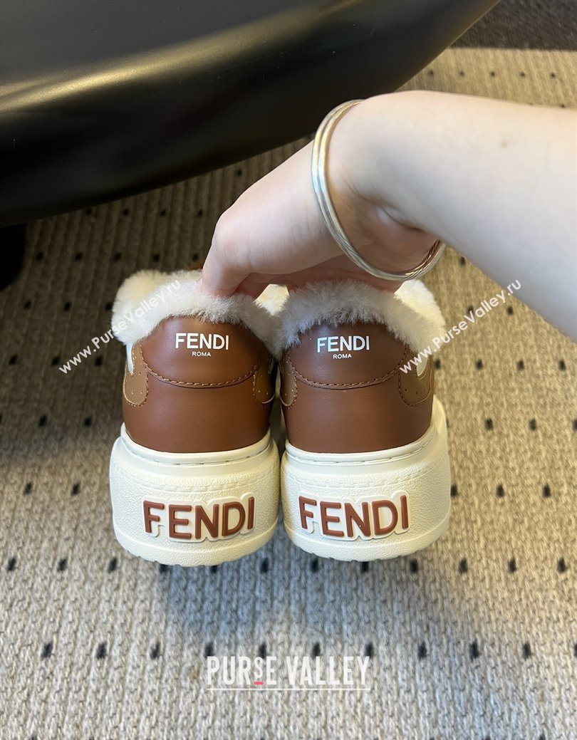 Fendi Match Low Top Platform Shoes in White Leather  Shearling with Charm Brown 2025 (MGN-25122912)