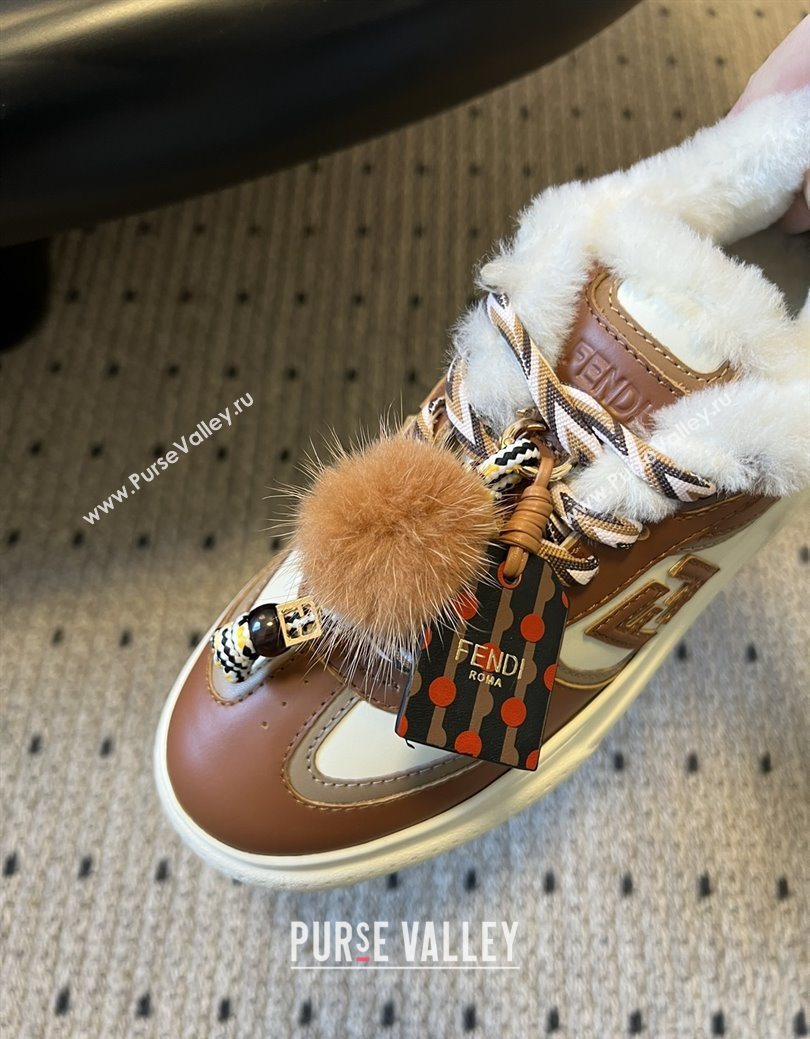Fendi Match Low Top Platform Shoes in White Leather  Shearling with Charm Brown 2025 (MGN-25122912)
