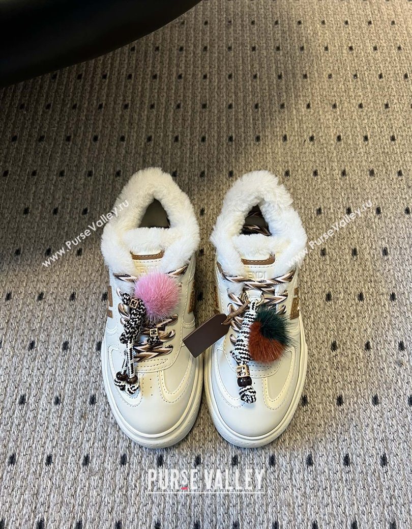 Fendi Match Low Top Platform Shoes in White Leather  Shearling with Charm White/Brown 2025 (MGN-25122913)
