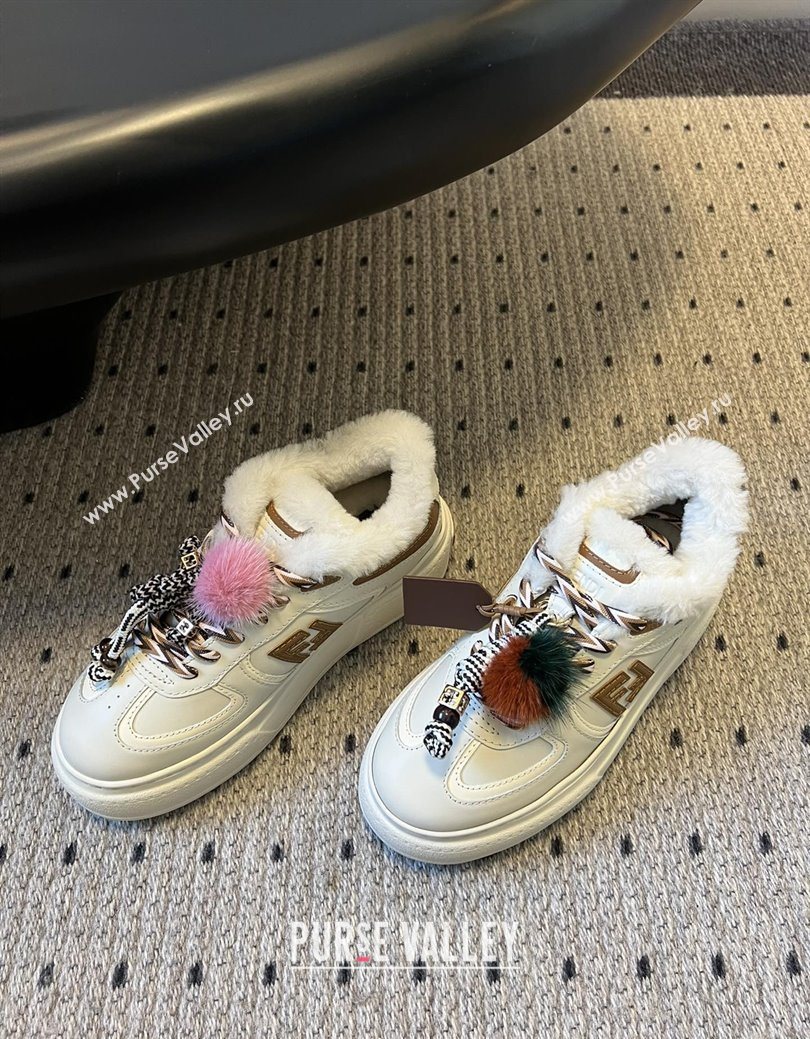 Fendi Match Low Top Platform Shoes in White Leather  Shearling with Charm White/Brown 2025 (MGN-25122913)