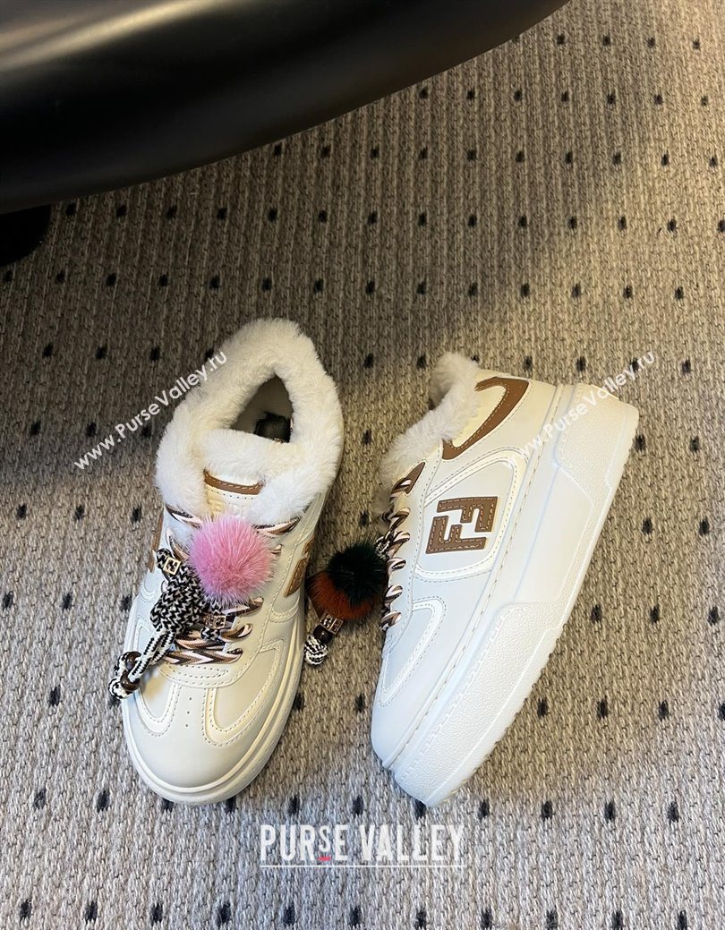 Fendi Match Low Top Platform Shoes in White Leather  Shearling with Charm White/Brown 2025 (MGN-25122913)