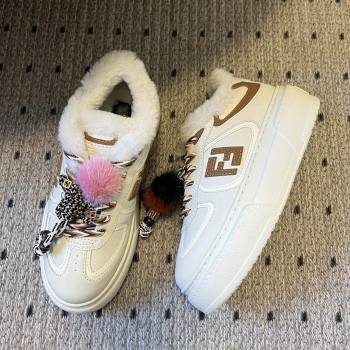 Fendi Match Low Top Platform Shoes in White Leather Shearling with Charm White/Brown 2025 (MGN-25122913)