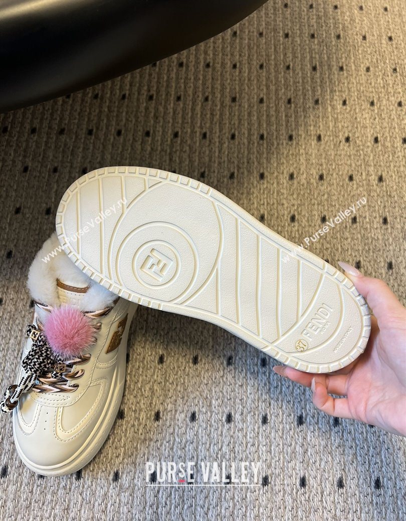 Fendi Match Low Top Platform Shoes in White Leather  Shearling with Charm White/Brown 2025 (MGN-25122913)