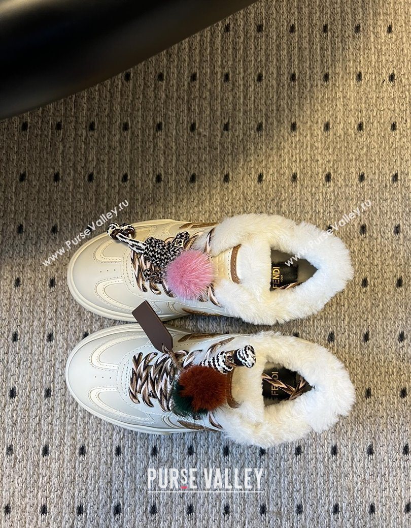 Fendi Match Low Top Platform Shoes in White Leather  Shearling with Charm White/Brown 2025 (MGN-25122913)