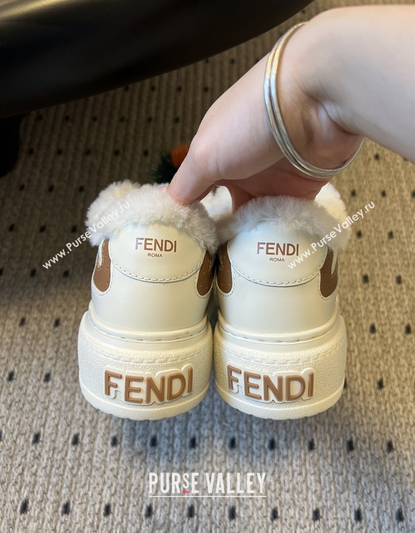 Fendi Match Low Top Platform Shoes in White Leather  Shearling with Charm White/Brown 2025 (MGN-25122913)