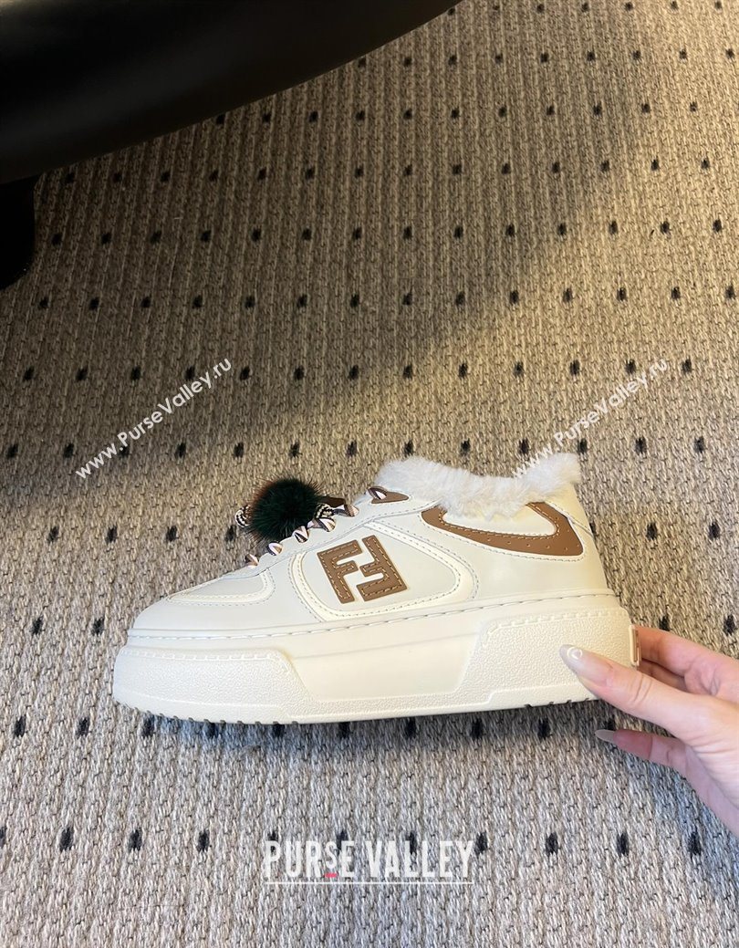 Fendi Match Low Top Platform Shoes in White Leather  Shearling with Charm White/Brown 2025 (MGN-25122913)