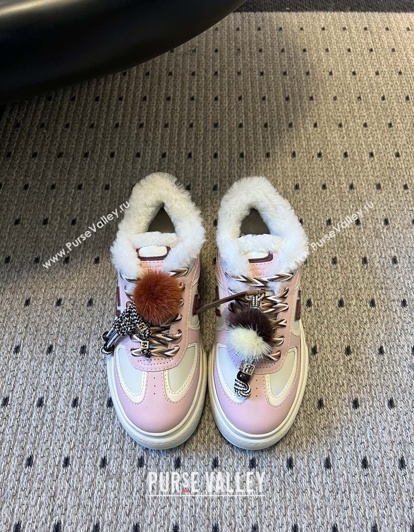 Fendi Match Low Top Platform Shoes in White Leather  Shearling with Charm Pink 2025 (MGN-25122909)