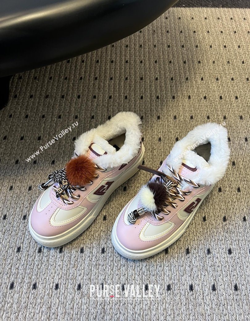Fendi Match Low Top Platform Shoes in White Leather  Shearling with Charm Pink 2025 (MGN-25122909)