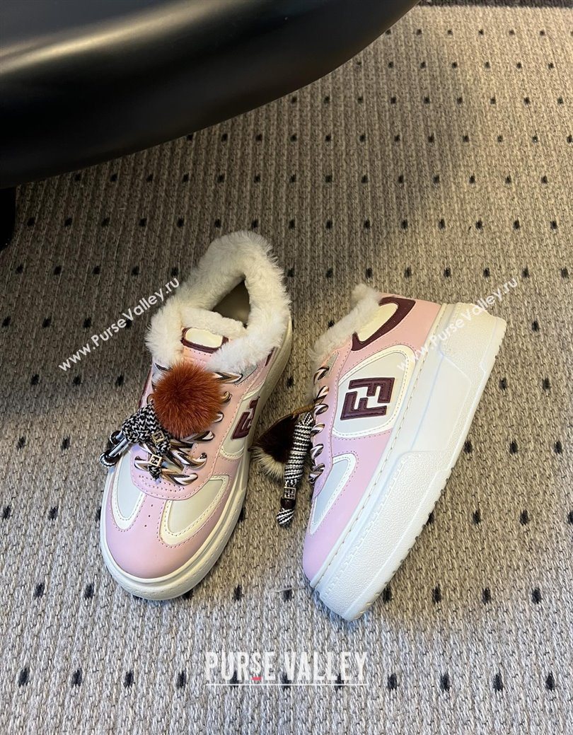 Fendi Match Low Top Platform Shoes in White Leather  Shearling with Charm Pink 2025 (MGN-25122909)