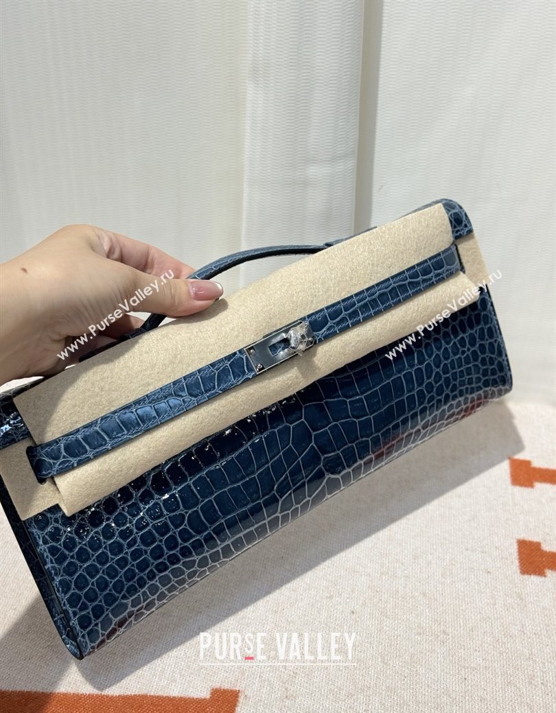 Hermes Kelly Cut Clutch Bag in Shiny Porosus Leather Blue/Silver 2025 (MEIS-25123015)