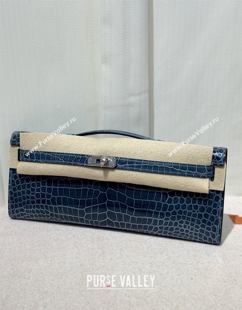 Hermes Kelly Cut Clutch Bag in Shiny Porosus Leather Blue/Silver 2025 (MEIS-25123015)