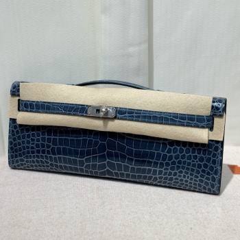 Hermes Kelly Cut Clutch Bag in Shiny Porosus Leather Blue/Silver 2025 (MEIS-25123015)