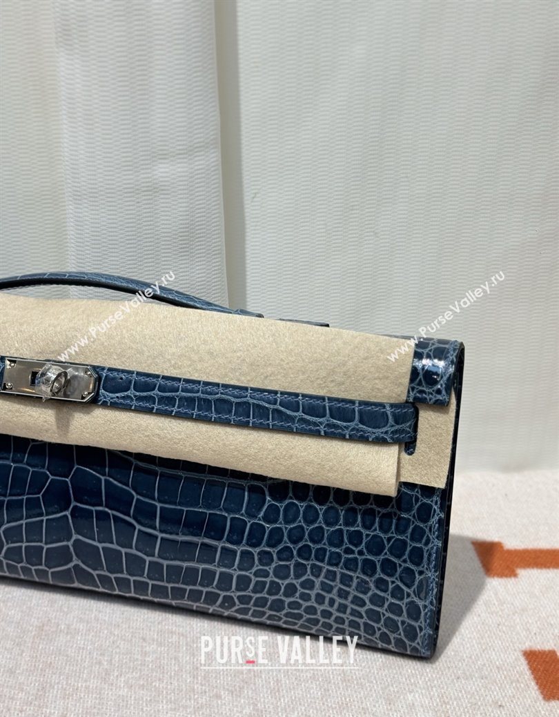 Hermes Kelly Cut Clutch Bag in Shiny Porosus Leather Blue/Silver 2025 (MEIS-25123015)